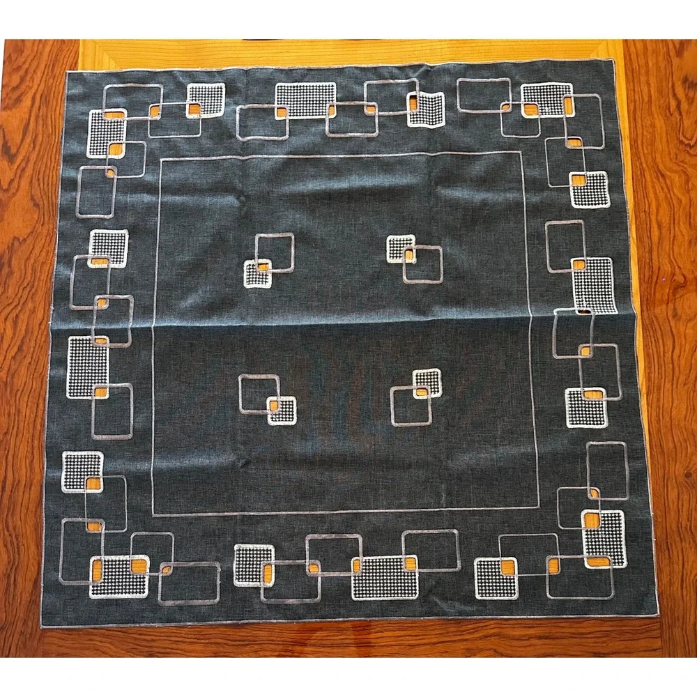 MCM Geometric Embroidered Tablecloth and Runner Set Charcoal Grey Square 33x33